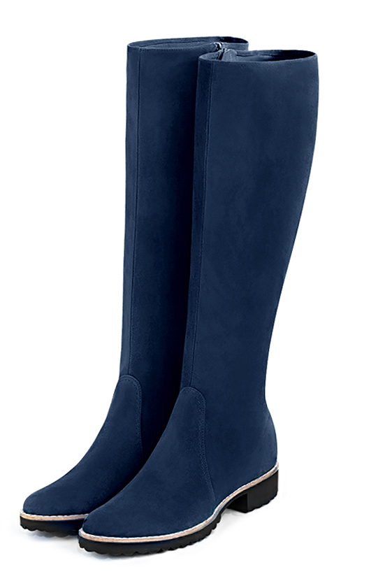 Navy blue women's riding knee-high boots. Round toe. Flat rubber soles. Made to measure. Front view - Florence KOOIJMAN
